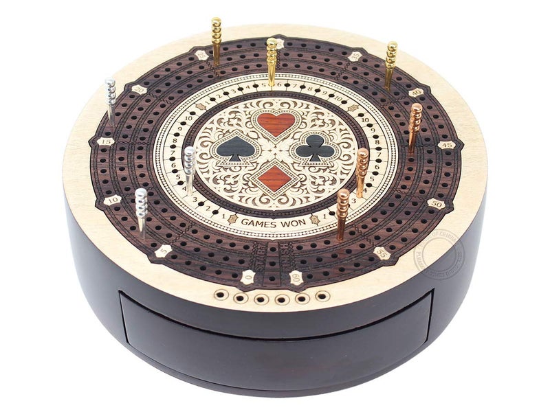 House of Cribbage - Round Shape 3 Track Non-Continuous Cribbage Board - Push Drawer Storage for Pegs and 1 Deck of Cards with Score Marking Fields for Won Games (Maple Wood/Rosewood) - Image 2